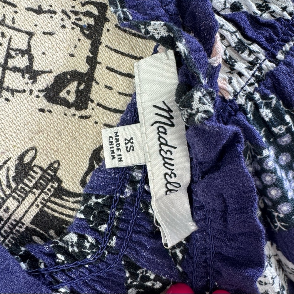 Madewell blouse smocked mock neck XS patchwork boho casual Navy Geometric‎ Top - Picture 7 of 10